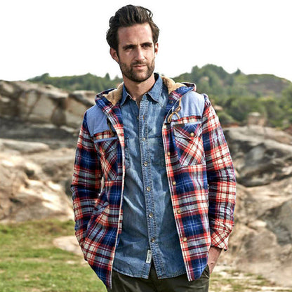 Herren Flanelljacke Warm mit Fleece Futter und Kapuze