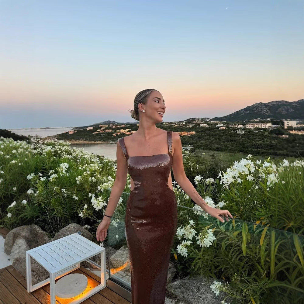 Elegantes Damen Maxikleid mit Pailetten und Trägerlos Design