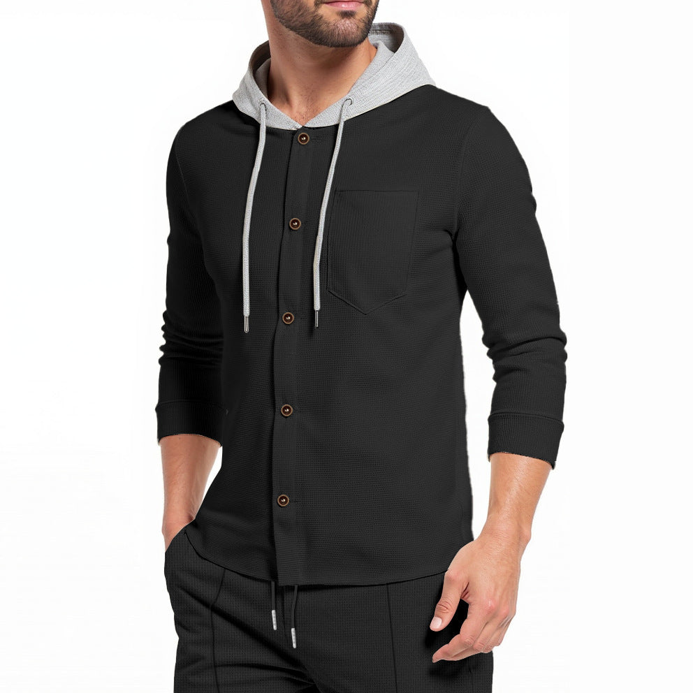Herren Kapuzenshirt Modern mit Knopfleiste und Brusttasche