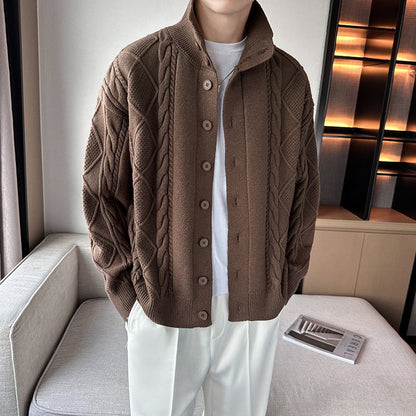 Herren Pullover Grobstrick Modern Stehkragen Knopfleiste