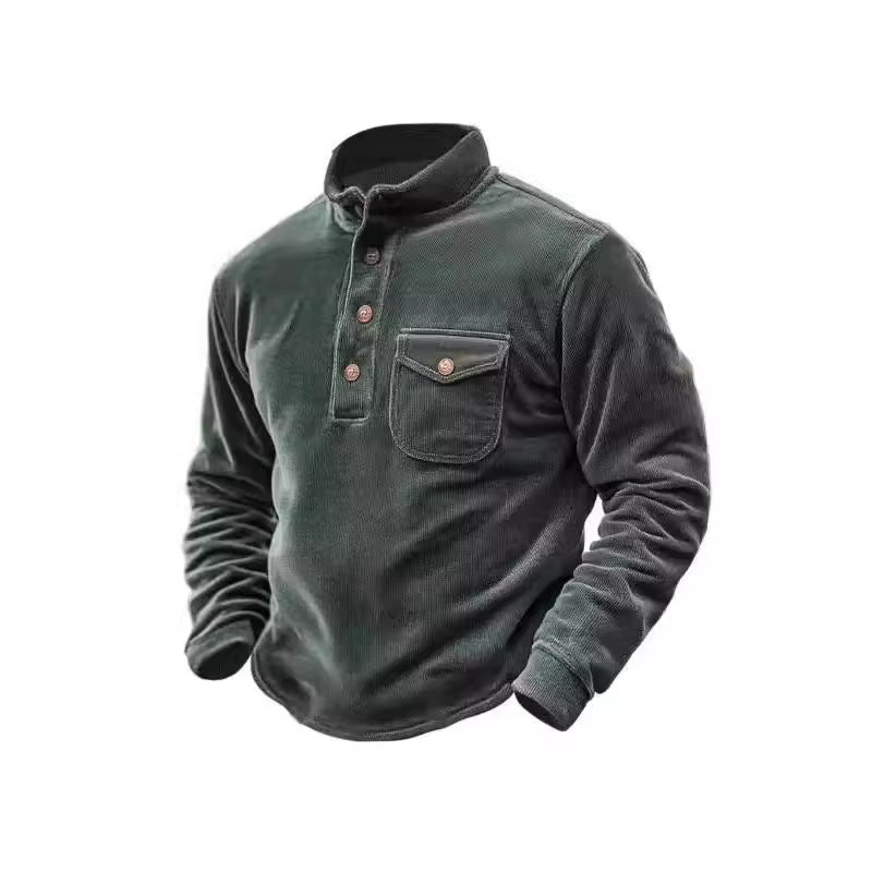 Herren Kordpullover Warmhalter mit Knöpfen und Brusttasche