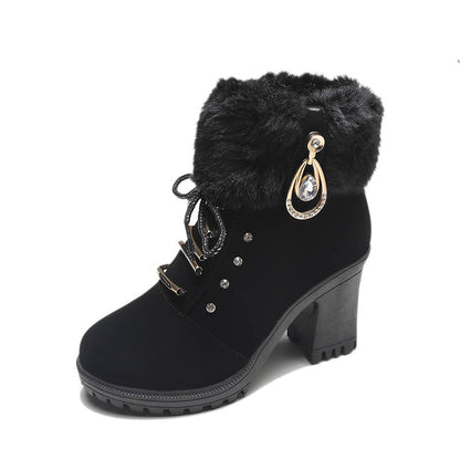 Damen Stiefeletten Kunstfell gefüttert mit Blockabsatz und Schnalle