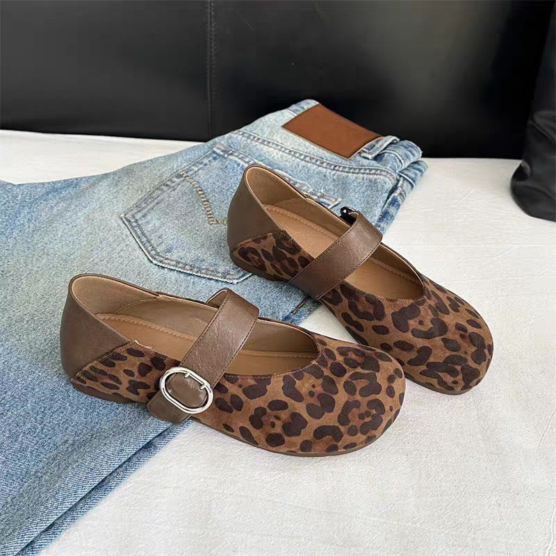Damen Ballerinas Leopardenmuster Schuhe mit Riemen