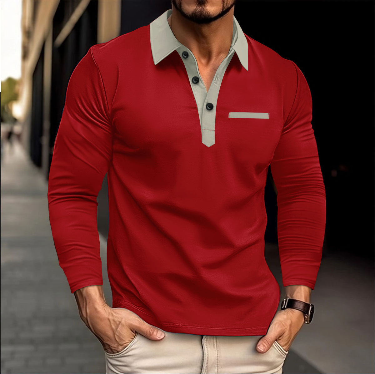 Herren Poloshirt Langarm Moderner Kragen Slim Fit