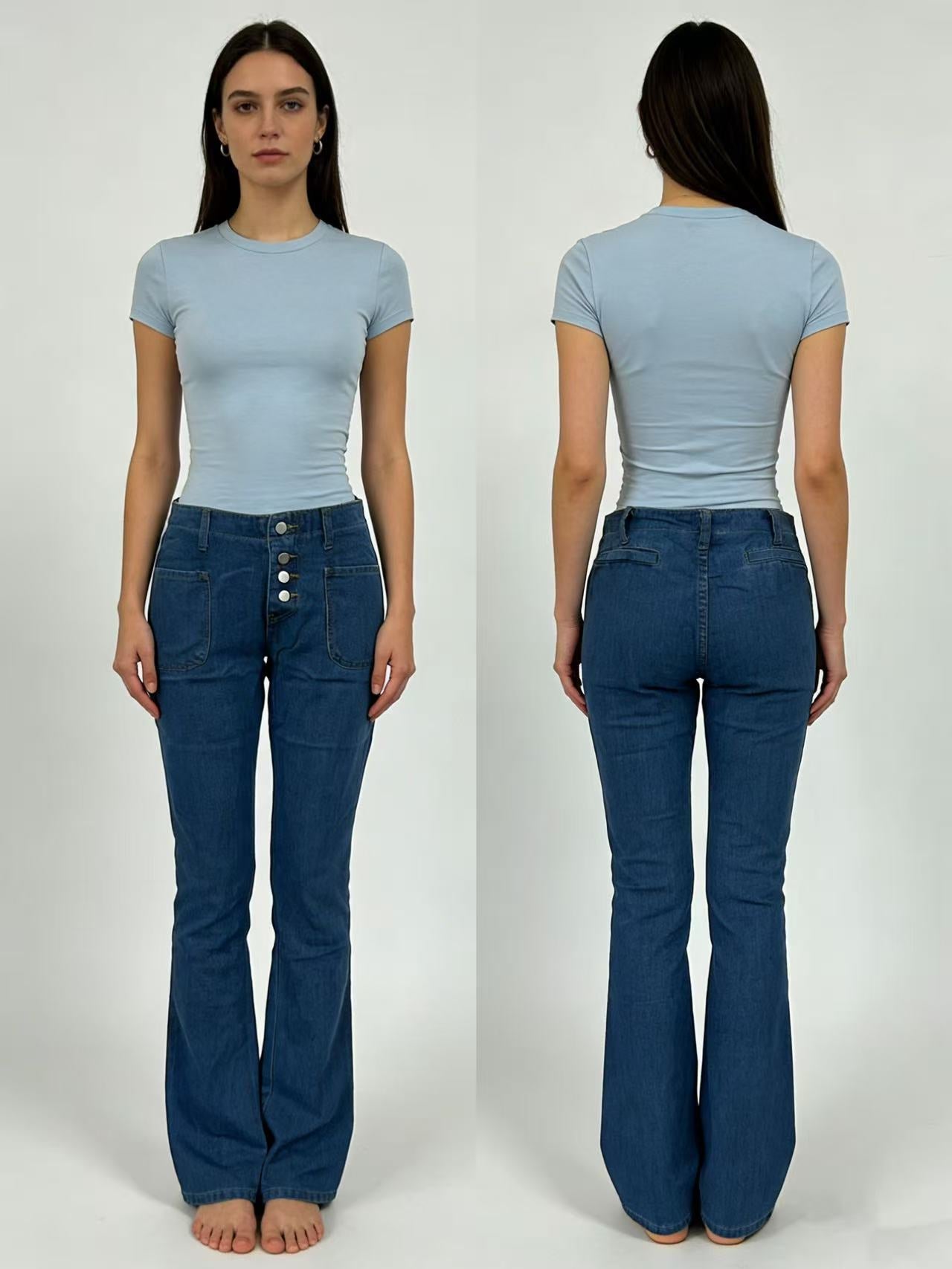 Damen Jeans Bootcut High Waist Knopfleiste