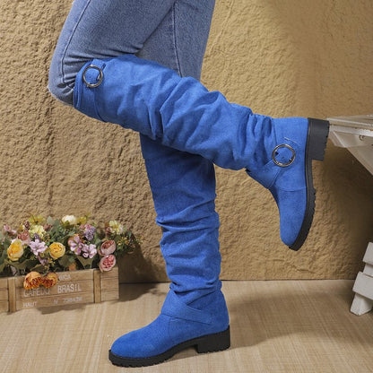 Damen Stiefel Hoch mit Rüschen Design und Riemen Schwarz
