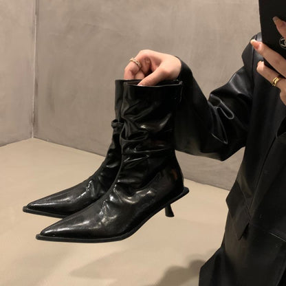 Damen Stiefeletten Elegant Faltenwurf Mit Absatz Schwarz