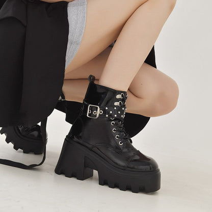 Damen Stiefeletten High-Top Plateau Schnalle Robust - BerlinGlamour