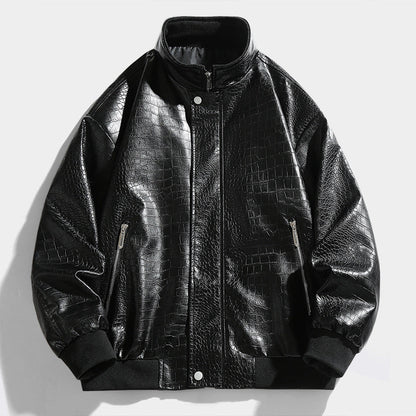 Herren Lederjacke Modern Schnitt Kunstleder Schwarz