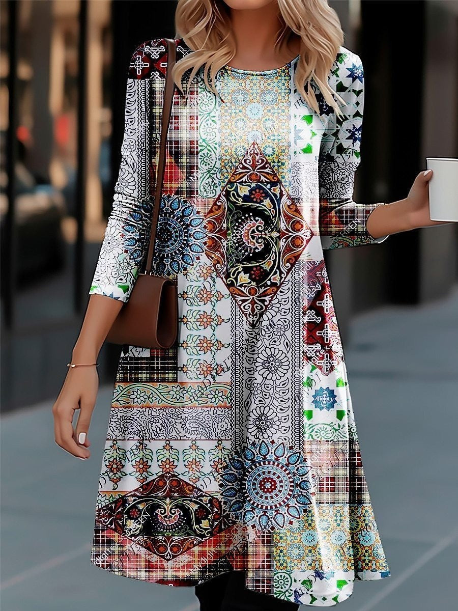 Damen Langarmkleid mit Farbenfrohem Muster Modern