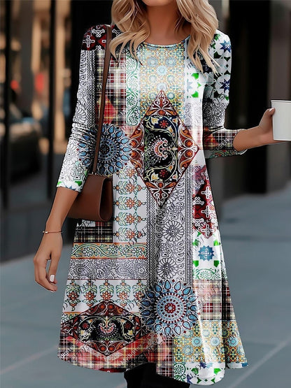 Damen Langarmkleid mit Farbenfrohem Muster Modern