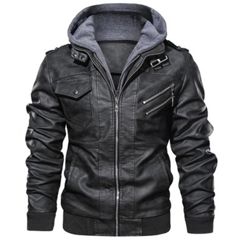 Herren Lederjacke Kunstleder Modern mit Kapuze