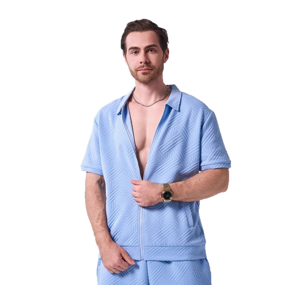 Herren Kurzarmhemd Modern mit Reißverschluss