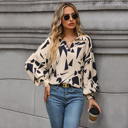 Damen Bluse Modern mit Grafikdruck und Voluminösen Ärmeln