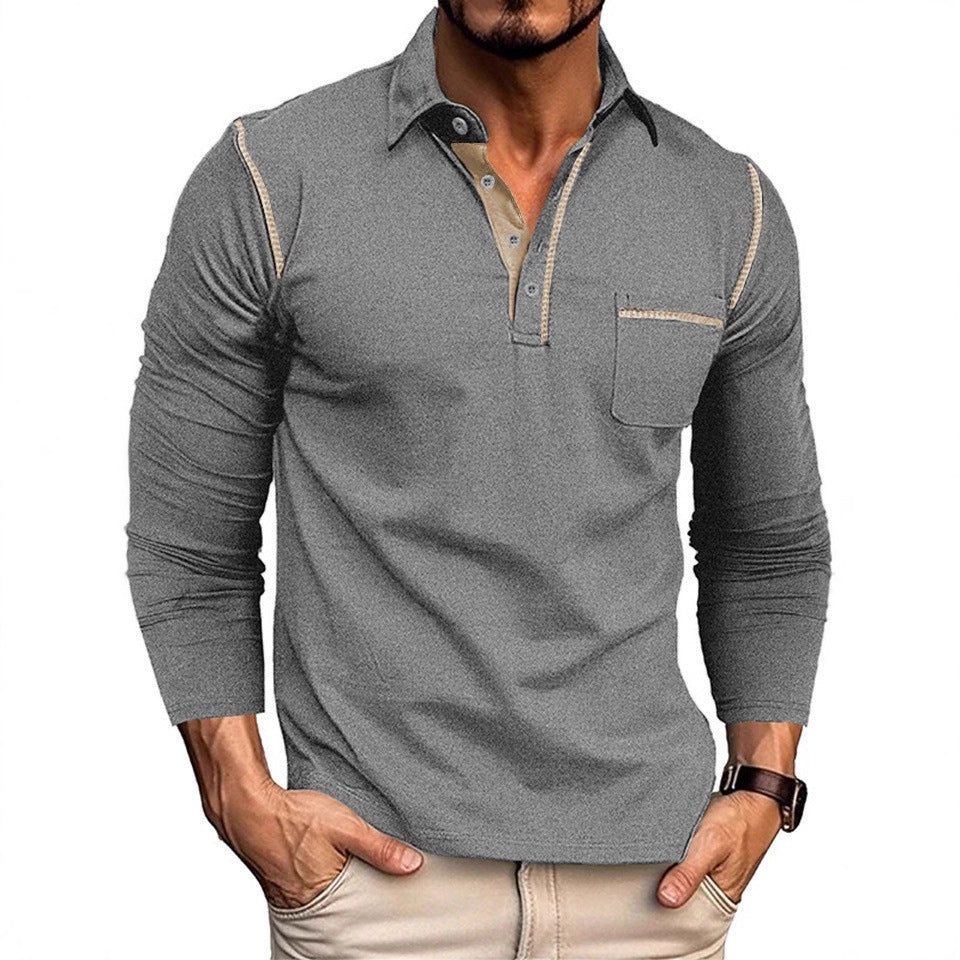 Herren Polohemd Langarm Modern mit Brusttasche und Kontraststreifen