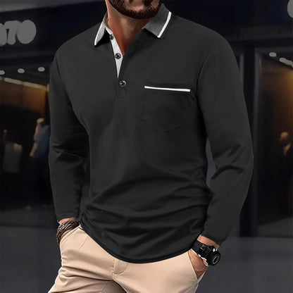 Herren Poloshirt Langarm Strukturiert Kragen Tasche Modern