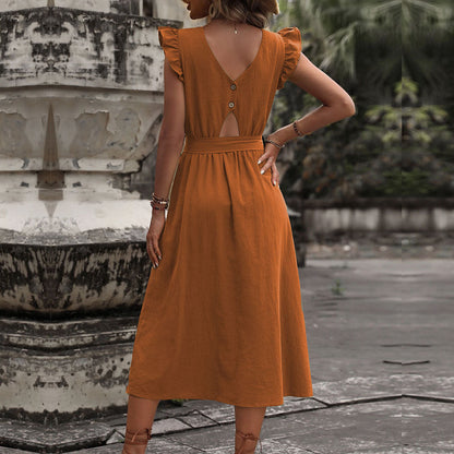 Damen Kleid Midi Tailliert mit Rüschen und Gürtel