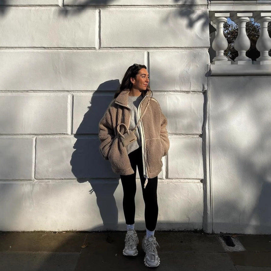 Große Fleecejacke Damen Oversized Warm mit Taschen