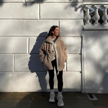 Große Fleecejacke Damen Oversized Warm mit Taschen