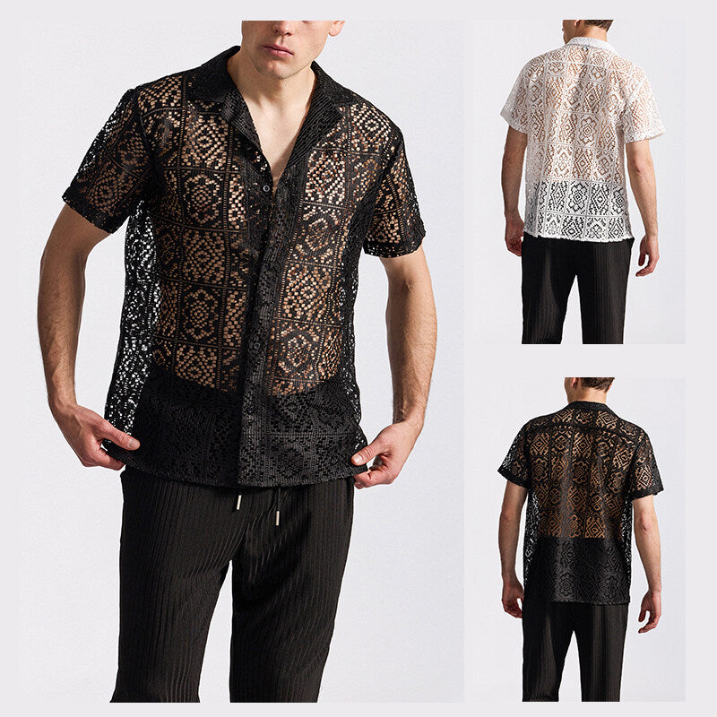 Herren Spitzenhemd Kurzarm Floralmuster Durchbrochen