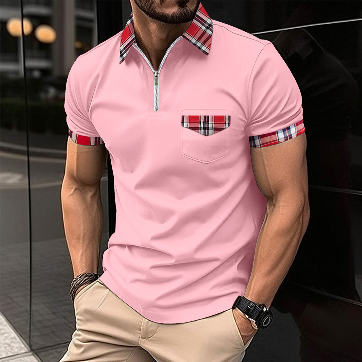 Herren Polohemd Karomuster Modern mit Reißverschluss