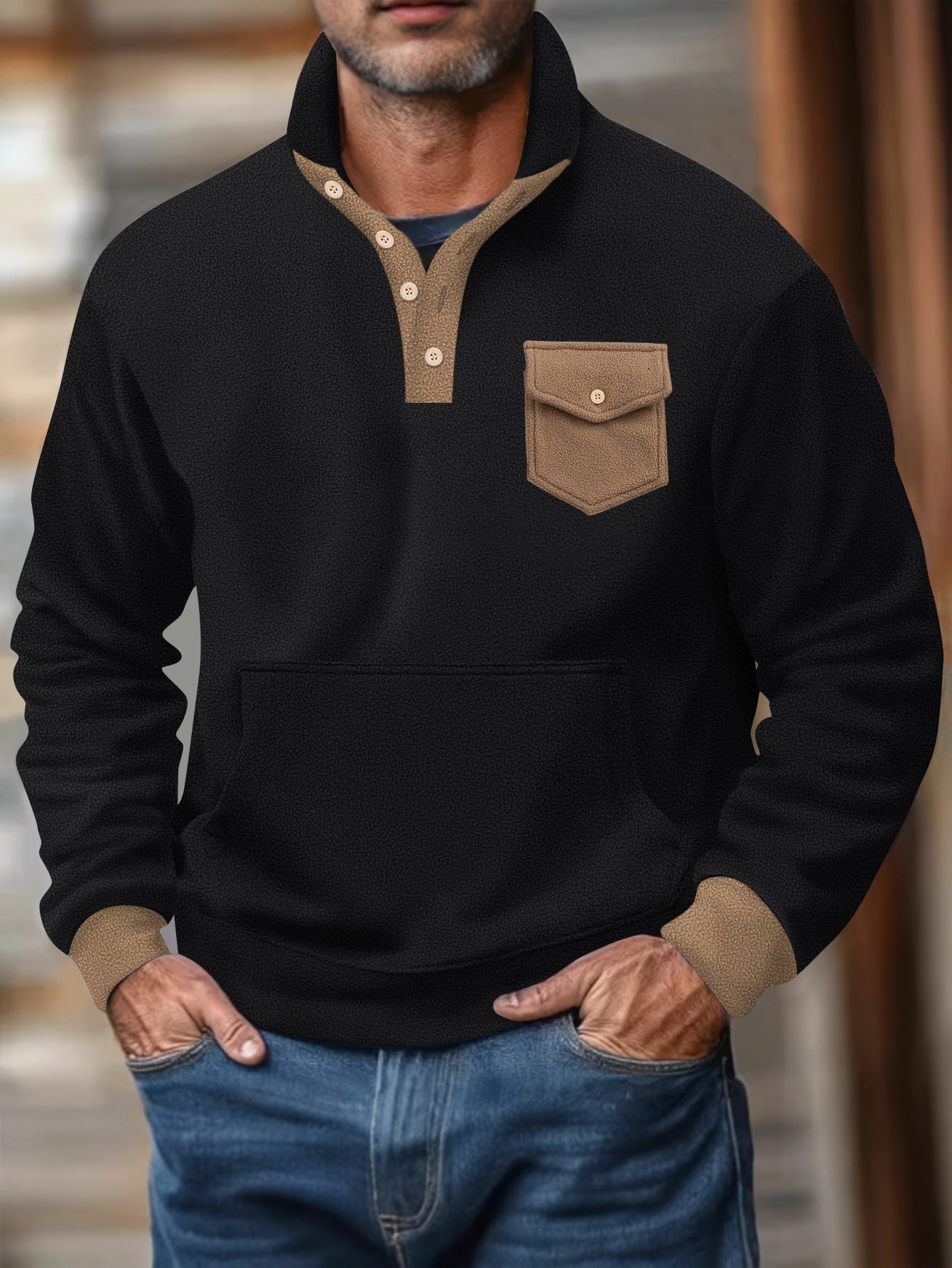 Herren Kapuzenpullover Modern mit Kragen und Tasche