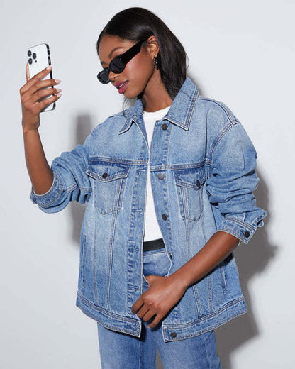Damen Denimjacke Oversized Modern mit Trenddetails