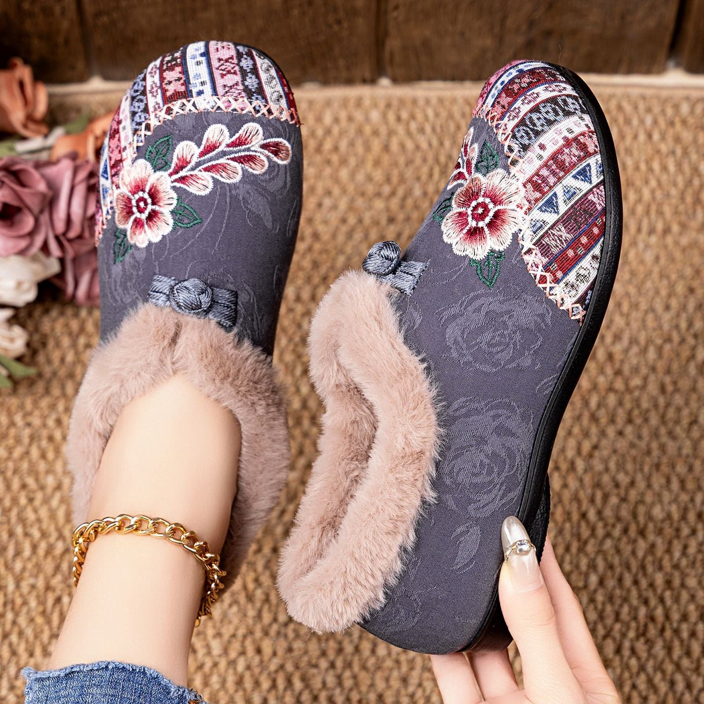 Damen Hausschuhe Flauschig Warm Stickerei
