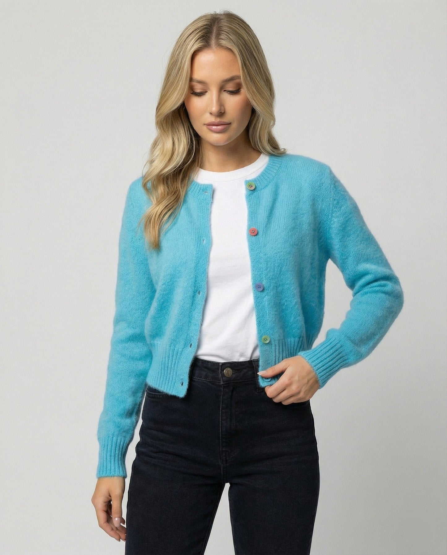 Damen Strickjacke Kurz Mohair Optik Bunt - BerlinGlamour