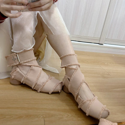 Damen Sandalen Riemchen mit Fransen Komfort Blockabsatz Modern