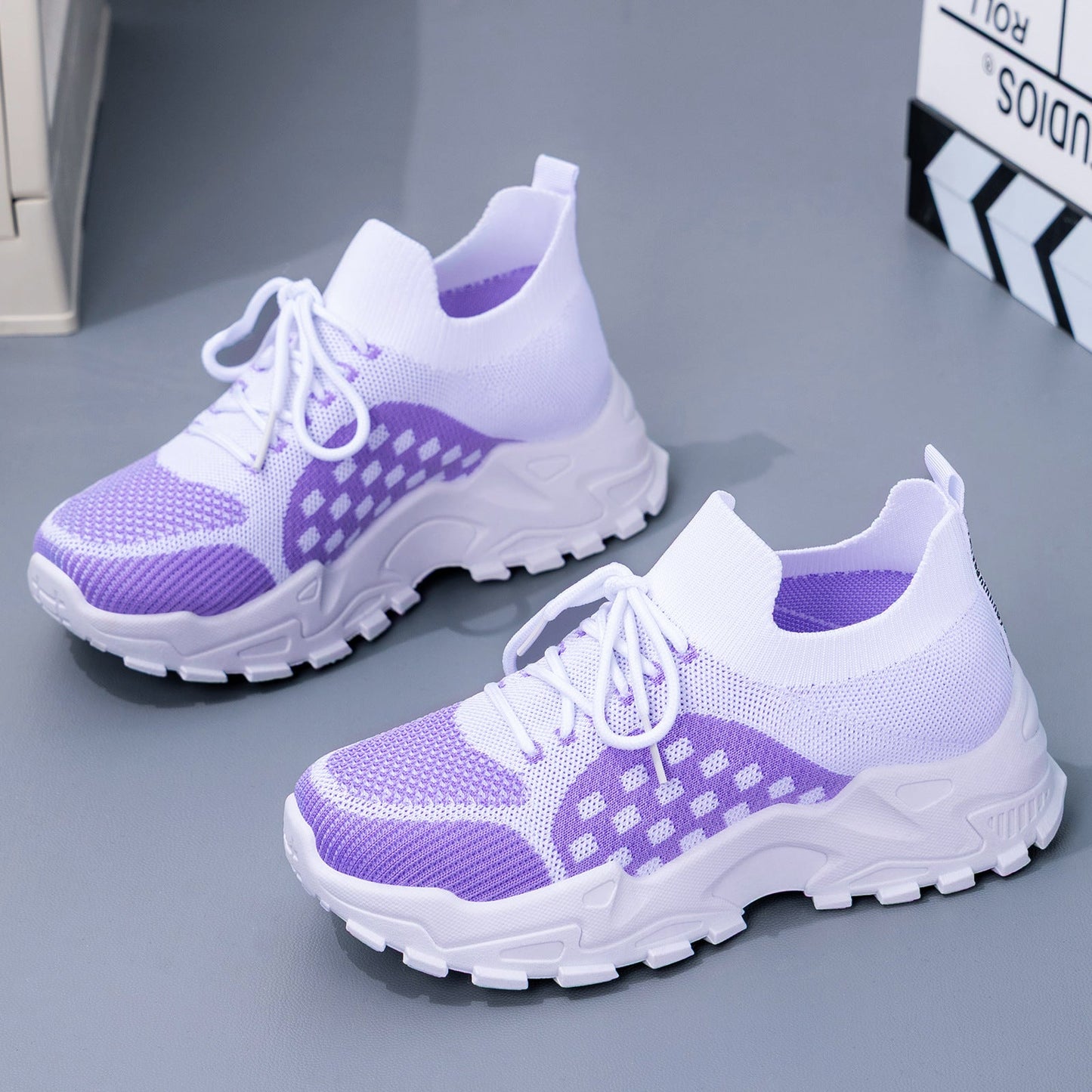 Damen Sneaker Leicht Strick Schnürsenkel Flexibel Bequem