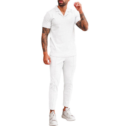 Herren Freizeit Set Kurzarm Polohemd schmale Hose Elegant