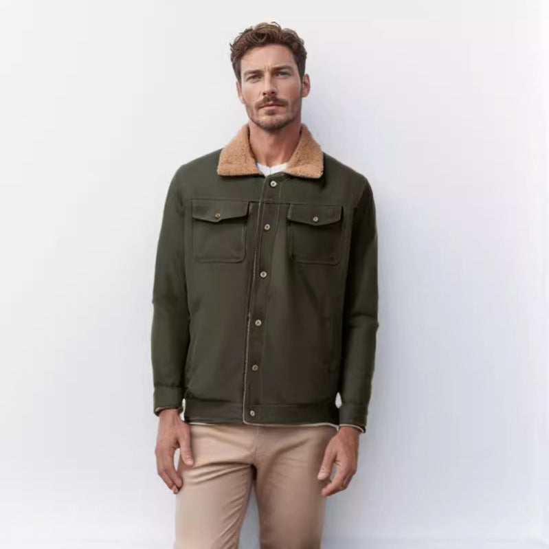 Herren Canvasjacke Robust Teddykragen Leder Optik