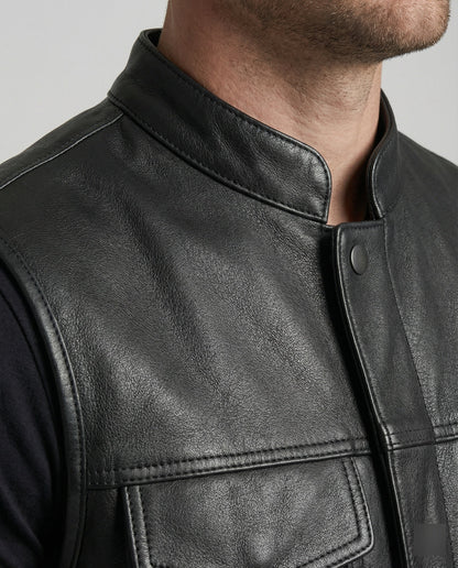 Leder Bikerweste Herren mit Seiten Taschen Schwarz
