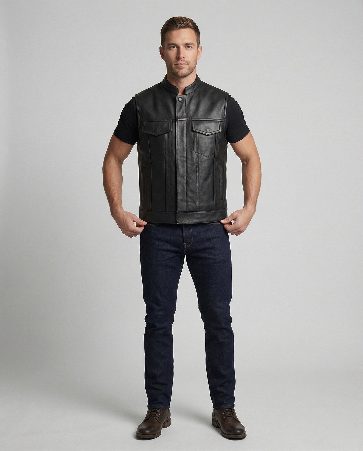 Leder Bikerweste Herren mit Seiten Taschen Schwarz