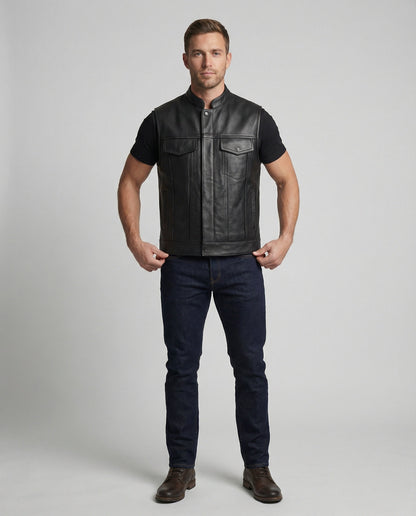 Leder Bikerweste Herren mit Seiten Taschen Schwarz