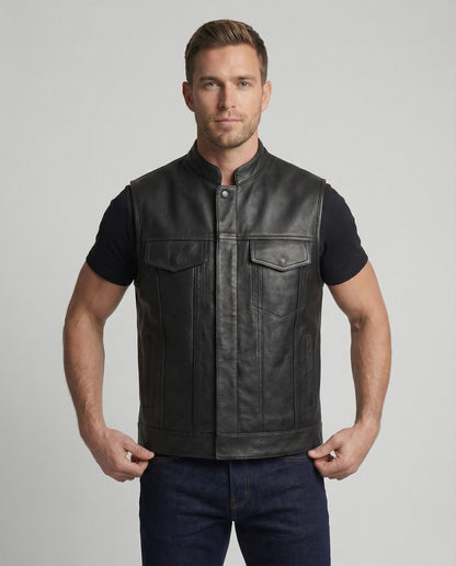 Leder Bikerweste Herren mit Seiten Taschen Schwarz - BerlinGlamour