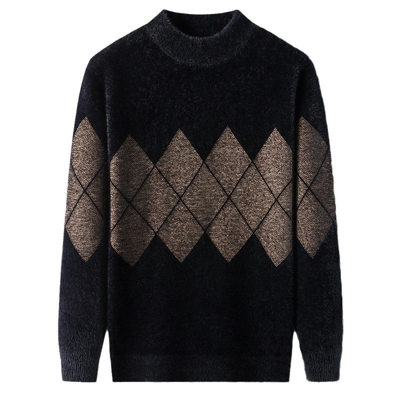 Herren Rollkragenpullover Modern Rautenmuster Elegent Schwarz