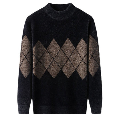 Herren Rollkragenpullover Modern Rautenmuster Elegent Schwarz