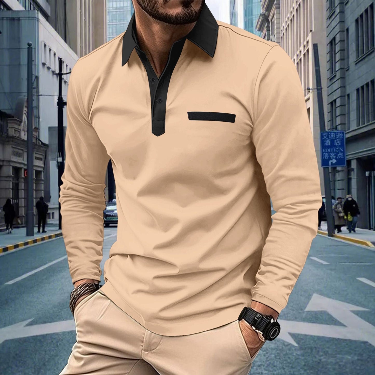 Herren Hemd Langarm Elegantes Kontrast Details Modern