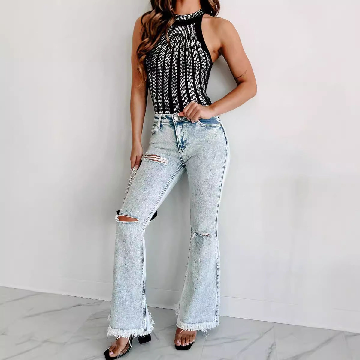 Damen Jeans Flared mit Rissen und Fransen Trendy Damenschuhe