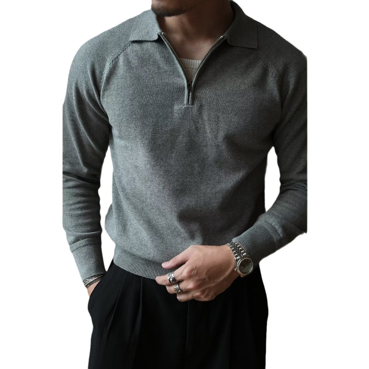 Herren Pullover Strick Kurzarm mit Stehkragen Sportlich