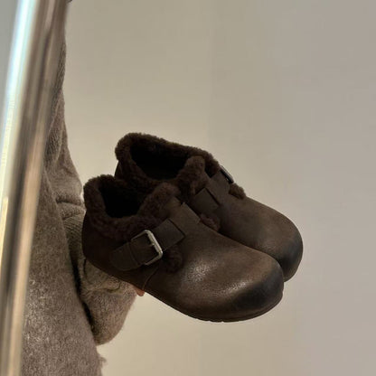 Damen Clogs Weich Kunstfell Schnallen Design Bequem