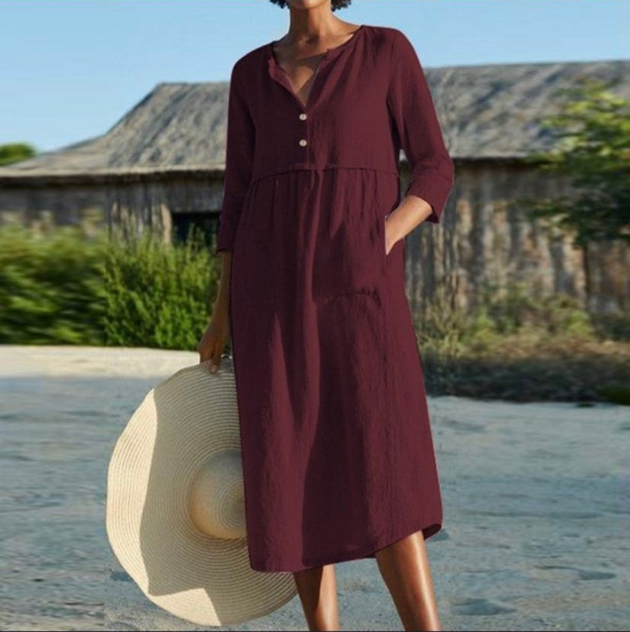 BerlinGlamour Baumwoll-Leinen Kleid mit mittel langen Ärmeln