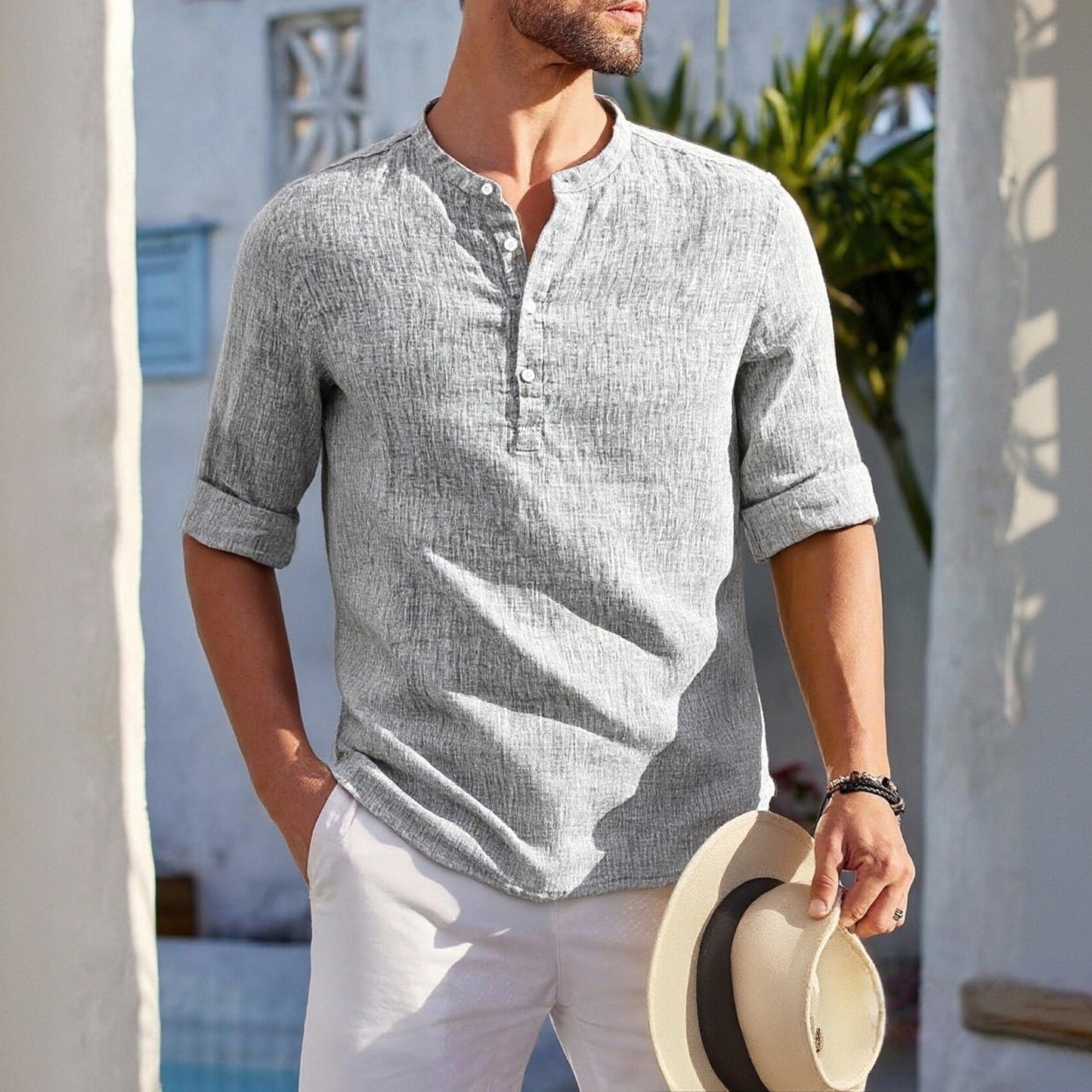 Herren Leinenhemd mit Mandarin-Kragen Elegantes Sommerhemd
