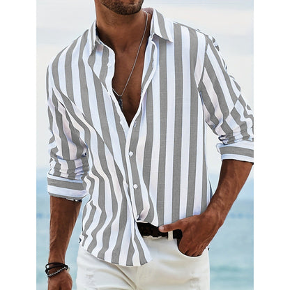 Herren Leinenhemd Langarm Gestreift Leicht Sommer