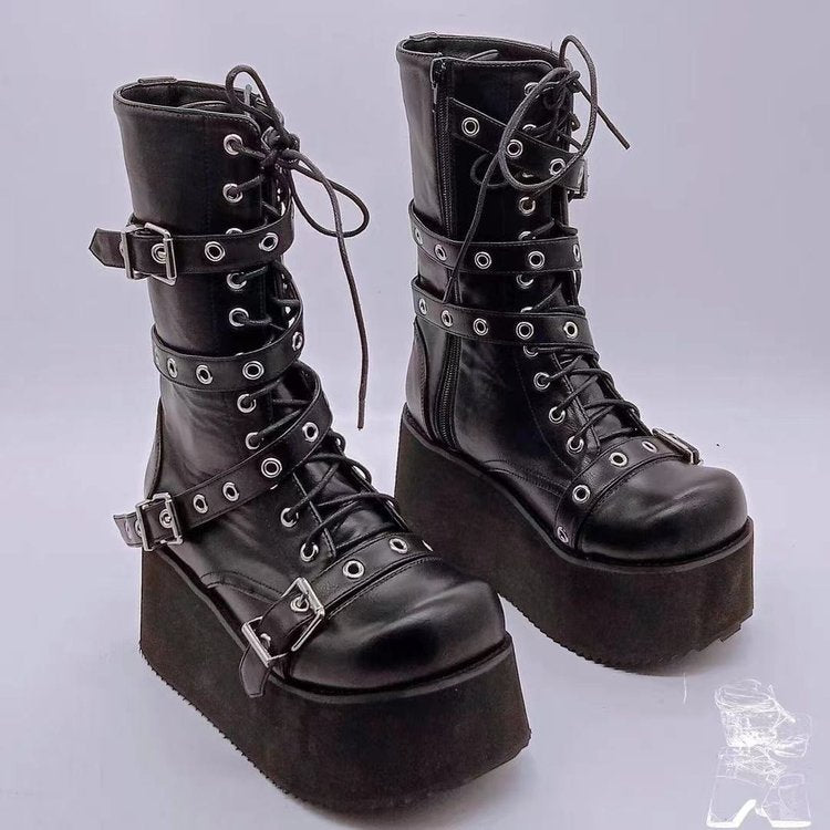 Damen Plateau-Stiefel Robust Leder Schnalle Hochhackig - BerlinGlamour