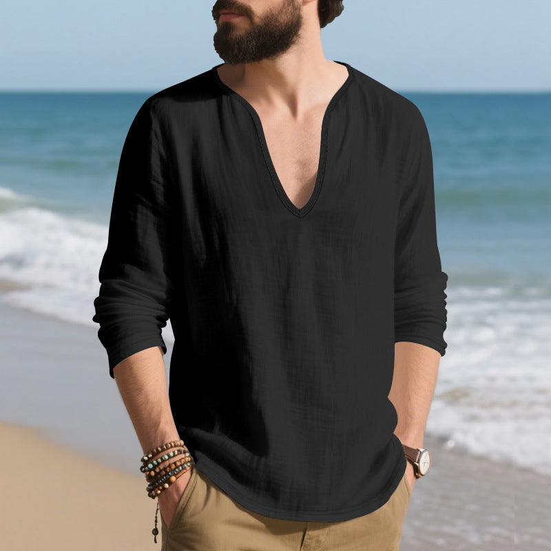 Herren Langarmshirt V-Ausschnitt Baumwoll Modern