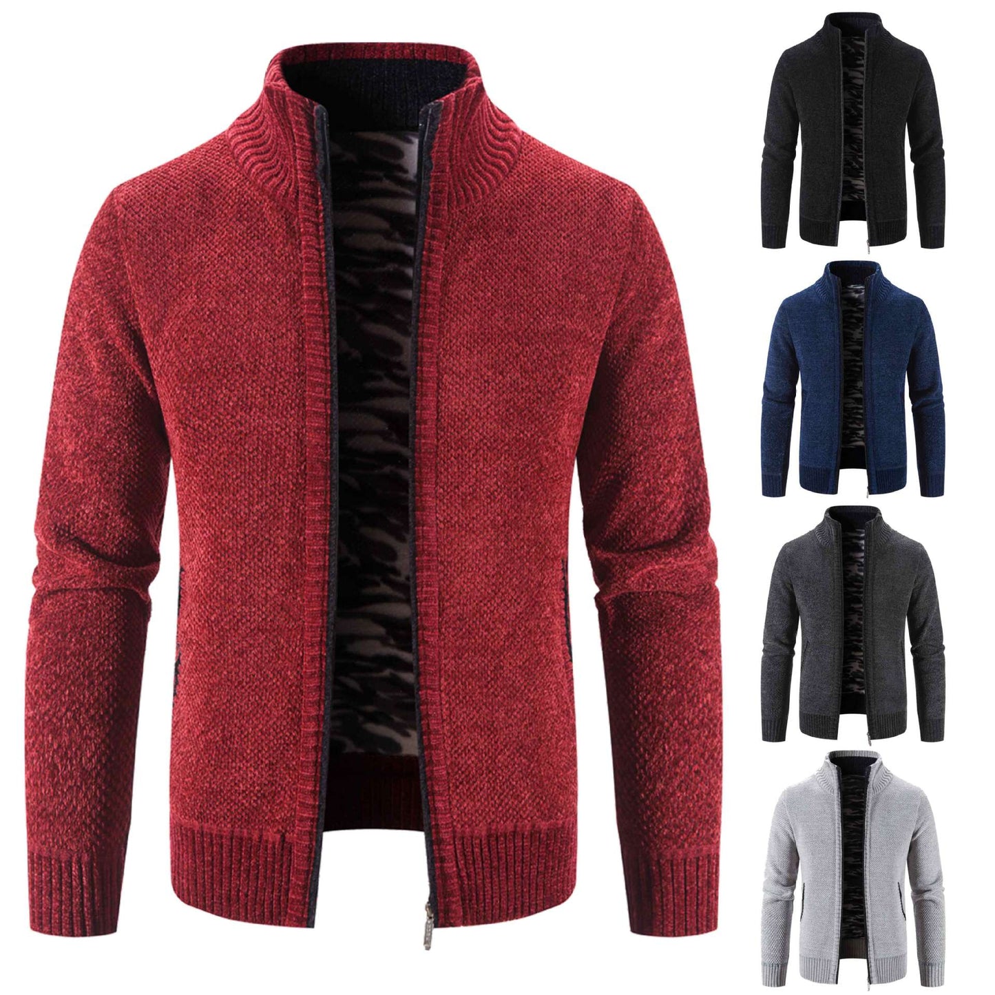 Herren Strickjacke Warm mit Kragen und Reißverschlusstaschen