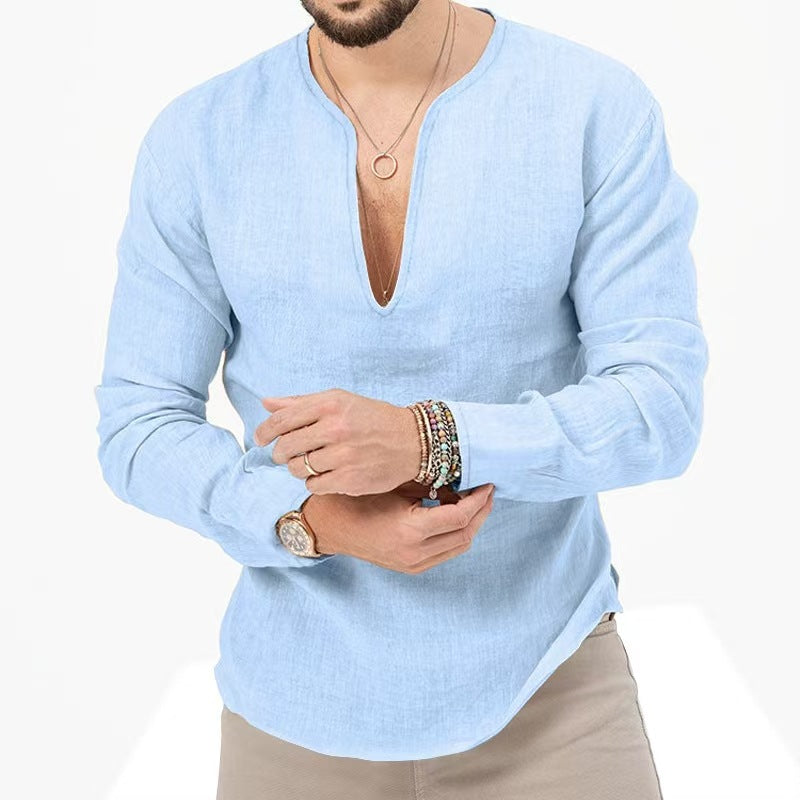 Herren Leinenbluse Leicht V-Ausschnitt Sommer